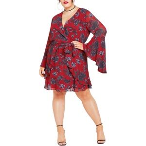 City Chic Ariarne Dress in Red Rose size L/20 Long Bell Sleeves Floral Belted